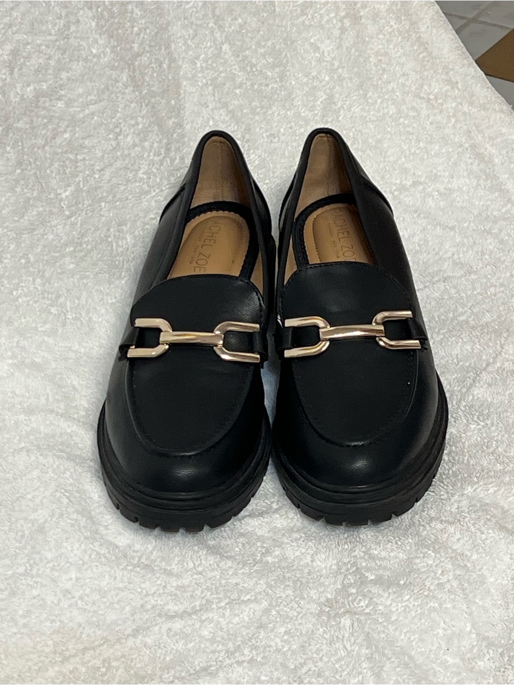 Rachel Zoe Black Leather Loafers with Gold Chain Detail